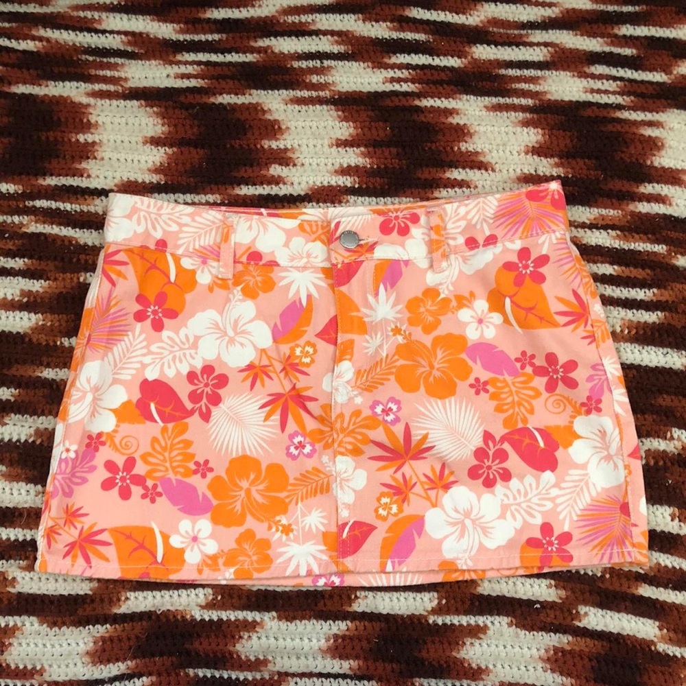 Fairycore Boho Micro Mini Low Rise Pink Orange Floral Hawaiian Style Skirt